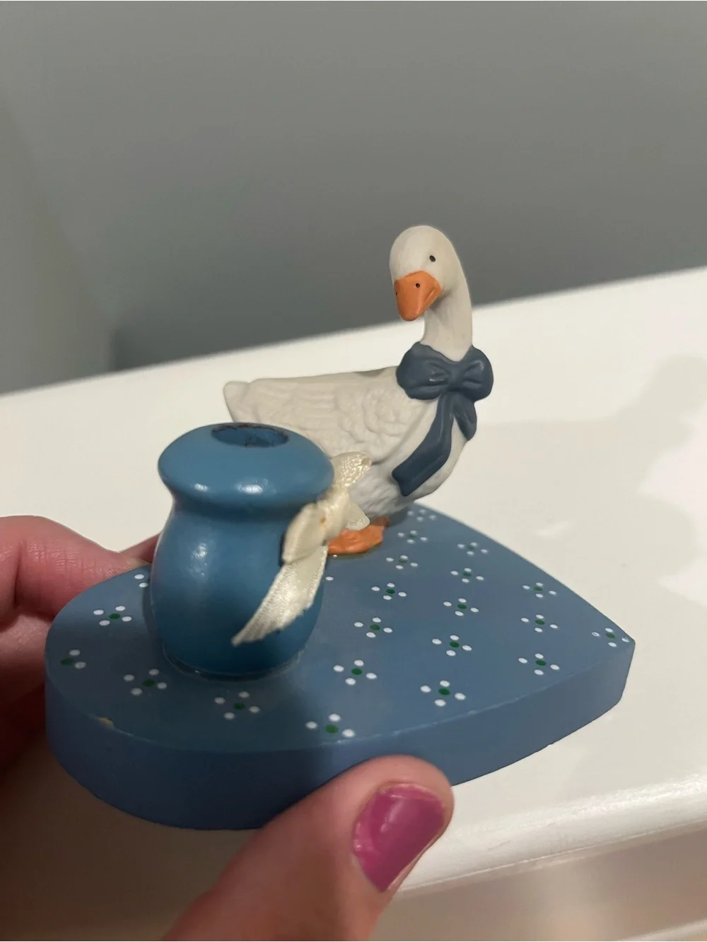 Cottagecore 1988 candle holder goose with bow Blue Heart Duck Figurine with Bow